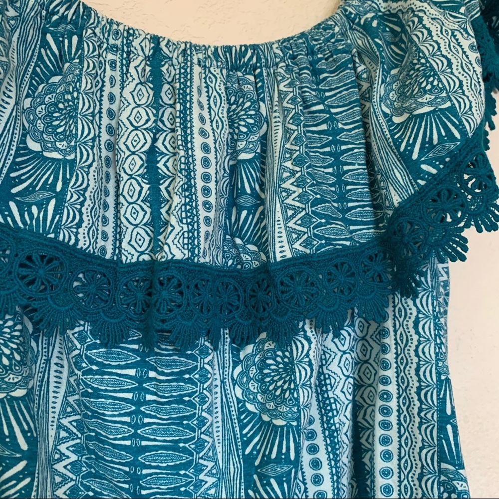 Roxy Teal Blue Aztec Off the Shoulder Top - Picture 4 of 5